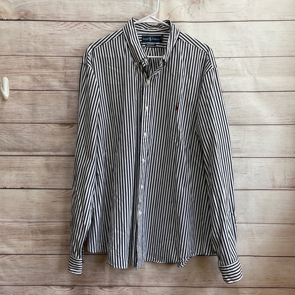 EXCELLENT CONDITION RALPH LAUREN CUSTOM FIT LONG SLEEVE SHIRT BLACK/WHITE STRIPE